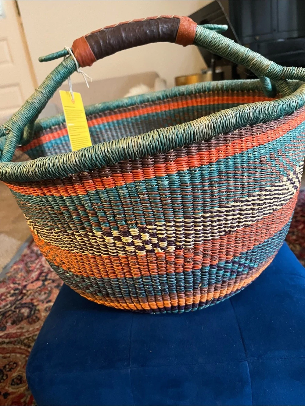 Xl Handwoven Multicolor Bolga  Market Basket with Leather Handle